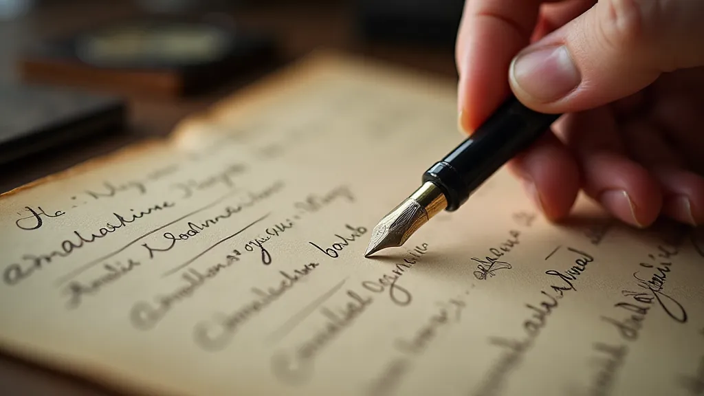 Hand examining an aged document with a vintage pen nearby
