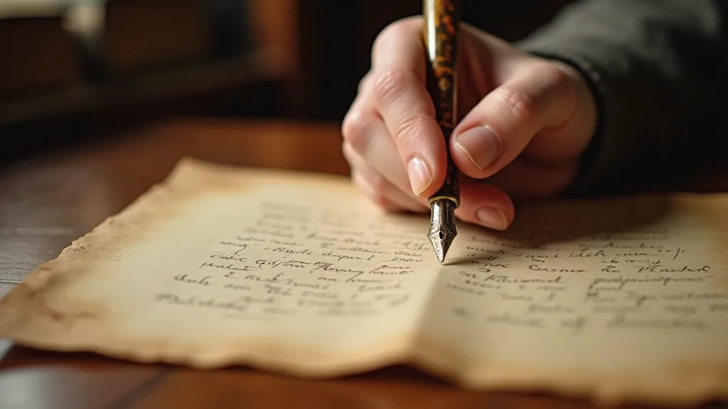 Vintage pen poised above aged parchment paper