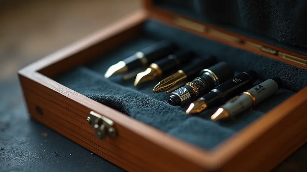 Vintage pens in wooden storage box